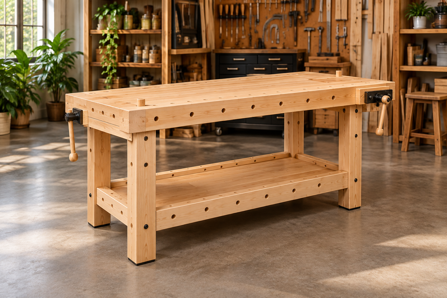 Heavy-duty garage and workshop workbench woodworking plan