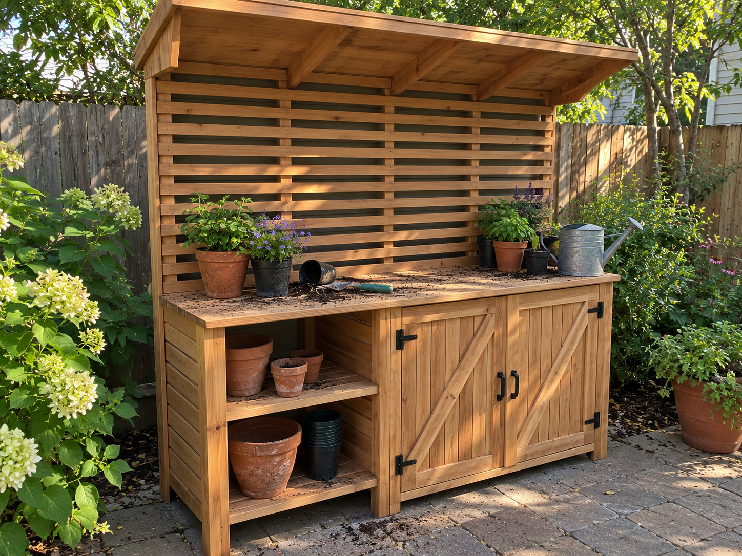 Cedar outdoor potting bench and garden station
